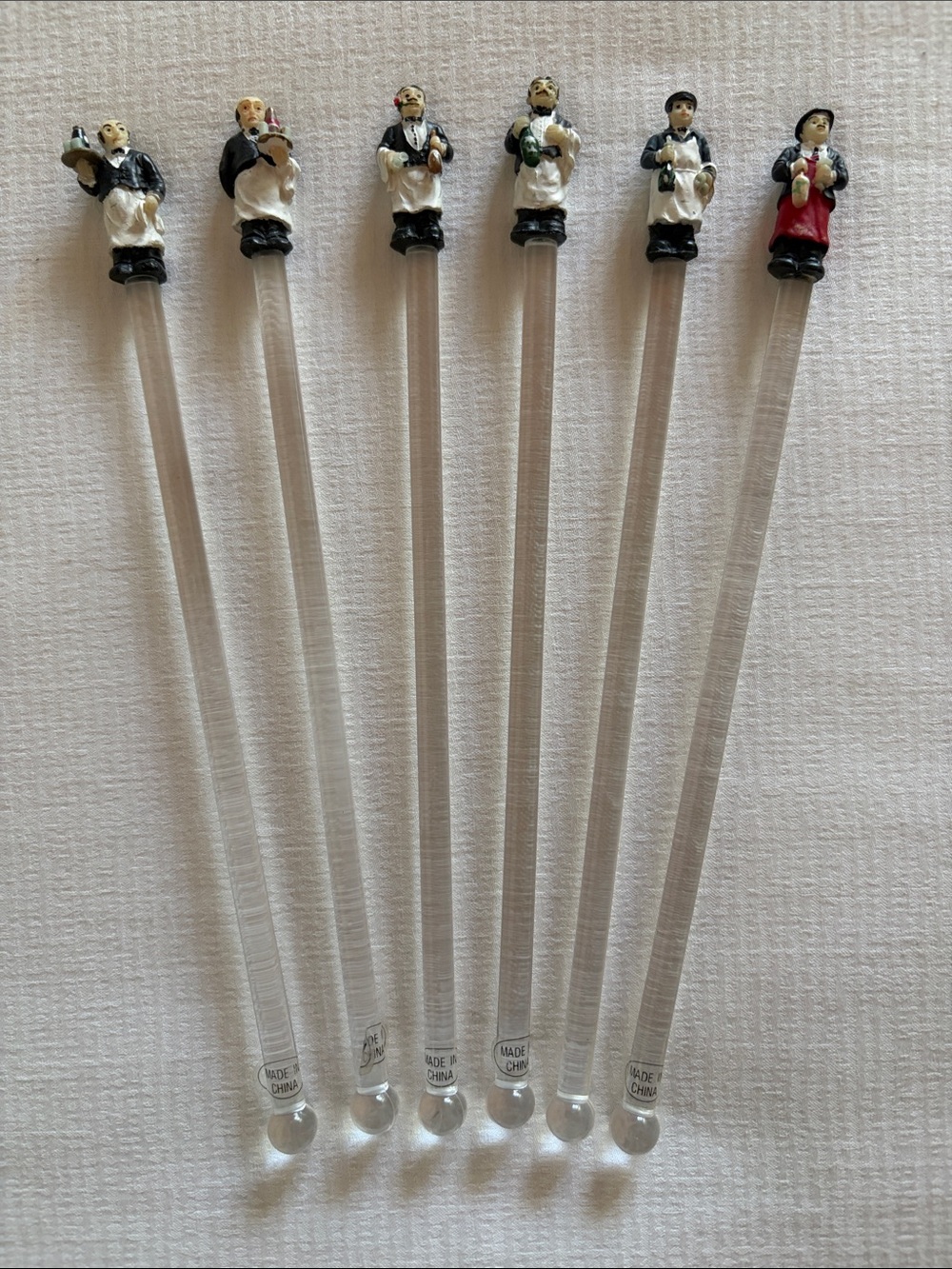 Vintage 90's Set of 6 Cocktail Swizzle Sticks Guy Buffet Waiter/Sommelier Tops
